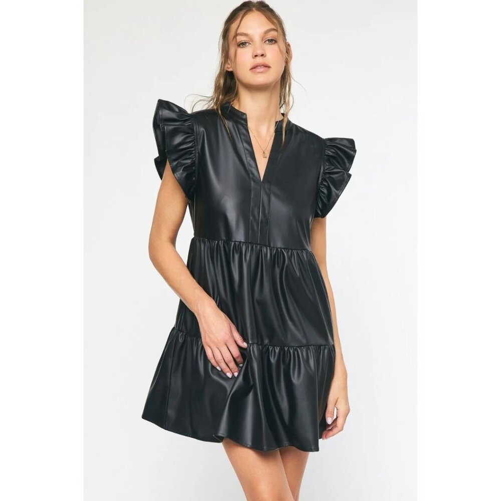 Entro Black Faux Leather Tiered Ruffle Sleeve V-neck Mini Dress Size Medium - Picture 3 of 10